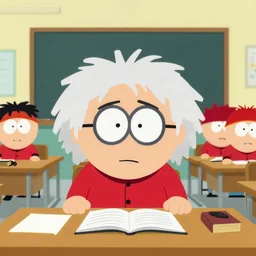 Albert Einstein in a classroom in the style of South Park