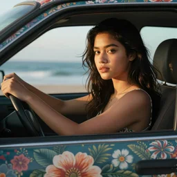 Filipino young adult woman driving a car with floral print near the beach