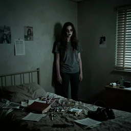 beautifully ominous creepy sleep paralysis standing in corner of 1 9 8 0's teeanger cluttered bedroom.