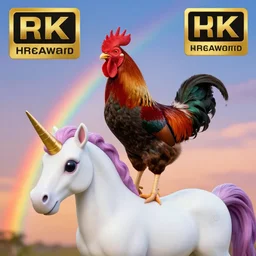 a photo of a rooster standing on a unicorn, detailed, vibrant, realistic, rainbow, sunset, clear, 8k, hd, award winning image