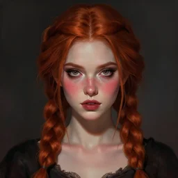 a menacing yet beautiful young vampire girl with ginger braids and freckles, rosy cheeks, beatifull eyes, digital art, character art portrait, matte fantasy painting, deviantart artstation, by jason felix by steve argyle by tyler jacobson by peter mohrbacher, cinematic lighting