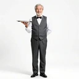 elderly waiter with serving tray, photorealistic portrait photography, full body, standing, isolated on a pure white background, centered, whole figure in frame, sharp focus, studio lighting