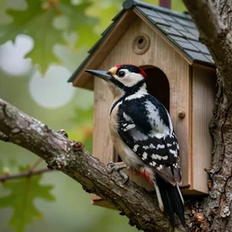 5 5 mm macro photo of a woodpecker inside a house in an oak tree, looking through the window. dof. bokeh. by artgerm, luis royo and jari peltomaki. highly detailed 8 k. intricate. lifelike. soft light. cinematic processing