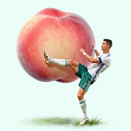 cristiano ronaldo kicking a giant peach in a speedo by quentin blake