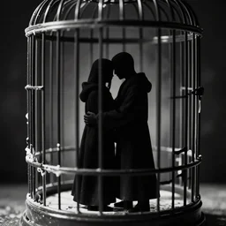 two shadowy figures hugging each other, they are in a birdcage, paint is falling off, black and white, 5 0 mm, a dark photo