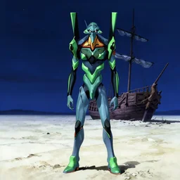 turquoise moonlight, a green horned figure stands beside his wrecked fifteenth century carrack at the bottom of a dried - up lake in an ivory desert beneath a starless night sky, evangelion, kyoto animation still, intricately detailed features, digital painting, yoshiyuki sadamoto
