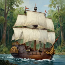 a painting of a pirate ship in a forest