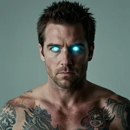 andy richter, glowing eyes, by john reuss, tattoo,