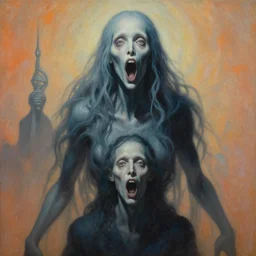 painting of eldritch being walter, scene of man with open mouth, by zdzislaw beksinski, by dariusz zawadzki, by wayne barlowe, amazing details, gothic, surrealism, cosmic horror, lovecraftian, cold hue's, warm tone gradient background, concept art, beautiful composition