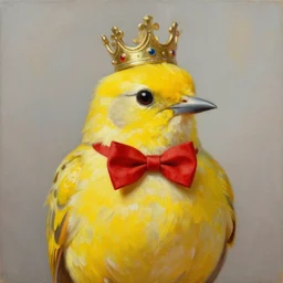 an elegant yellow BIRD wearing a CROWN and a red bow tie, painting in the style of Michael Garmash, very very beautiful, high quality, detailed, 4k, impressionism