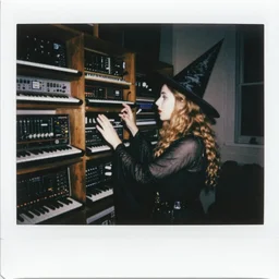 polaroid photograph of allison brie as a witch worshipping a wall of synthesizers