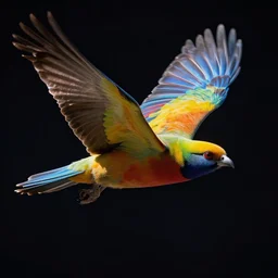 highly detailed photo of only one colorful big bird flying in the dark space, all birds head and eye are visible, hyper realistic, concept art, 8 k detail post - processing