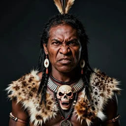 portrait of a australian warrior wearing animal skins and a scary necklace, angry look, dark background, studio light, hdr, nikon 2 4 mm f / 1. 8 g, by sebastiao salgado
