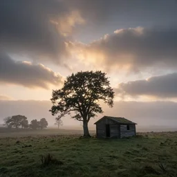 landscape photography by marc adamus, lone tree on the moor hill, abandoned wooden cabin, mist, trees in the background, sunset, dramatic lighting, clouds, beautiful