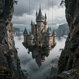hyper realistic cinematic view of floating castle hanging by chains in the air, in between a gorge, below only cloud dark void, 8 k resolution