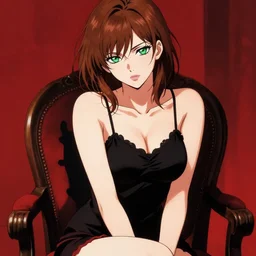 sexy woman with brown hair and green eyes, wearing a camisole, sitting on a chair, red and black color palette, in the style of and ilya kuvshinov and greg rutkowski, high quality anime artstyle, intricate