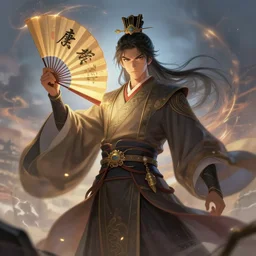 zhuge liang holding fan casting magic by greg rutkowski, digital art, trending on artstation, hd, 8 k, highly detailed, good lighting, beautiful, epic, masterpiece