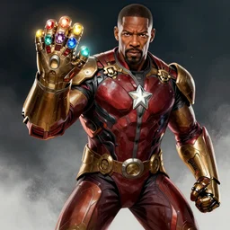 Dynamic detailed artistic illustration of Steve Harvey doing a hero pose while Wearing the infinity gauntlet with all six stones glowing menacingly while Steve Harvey looks towards the viewer