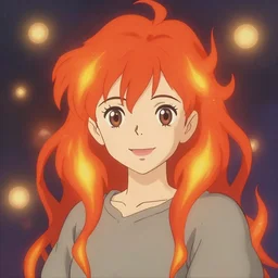 An anime girl, flame colored hair and a warm smile, super adorable, the sylte of Studio Ghibli and impressionism, orbs of light in the background, soft glow aesthetic, manga studio pro, professional anime kritta artist illustration, smooth lighting, trending on artstation, most popular anime illustration of the century, simple manga style