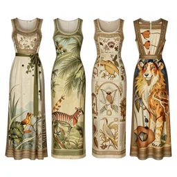 4 elegant full length daredevil comic dress designs with natural history prints designed by alphonso mucha