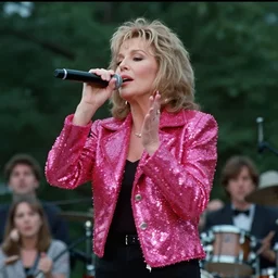 1 9 9 0 s video still of susan sarandon, wearing a vibrant pink sequin jacket, rapping on stage at a small outdoor concert, vhs artifacts
