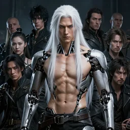 a portrait of a toned male half human half mechanical with long white hair and with joints with visible joints by greg rutkowski, sung choi, mitchell mohrhauser, maciej kuciara, johnson ting, maxim verehin, peter konig, bloodborne, 8 k photorealistic, cinematic lighting, hd, high details, dramatic, dark atmosphere, trending on artstation
