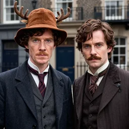 sherlock bbc movie two parts : katie holmes dressed as sherlock wearing brown deerstalker at left, emma watson dressed as watson with moustache at right, baker street 2 2 1 b at background, 8 k, cinematic, ultra detailed faces, octane render