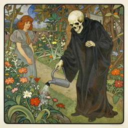 skull - headed grim reaper watering flowers in the garden by mucha and jimmy lawlor and anna dittmann
