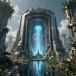 a nether portal with futuristic technology on a humongous paradise biome, fantasy, hyper realism, wet reflections, intricate, digital art, detailed, studio shot, unreal engine 5, octane, high definition, smooth, artstation, behance
