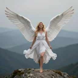 very pretty blond female angel with large wings landing on a mountain top, shallow depth of field, moody lighting, 8 k, concept art, martina fackova,