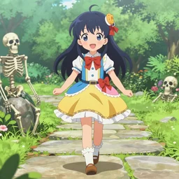 a very cute art of a smiling anime girl idol wearing a colorful dress, walking on a stone path at the garden, walking over a skeleton, in the style of anime