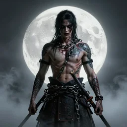 ' samurai!  ,big white moon background! ,  foggy atmosphere, octane render, horror scene, highly detailded , a samurai undead chained chains  tattoo, aesthetic   '