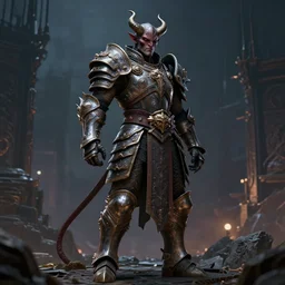 a full body shot of a demon warrior by Brahm Revel,colored by Ronda Pattison,heavy armor,city in the background,dark colors,detailed,artstationCGsociety, full length, exquisite detail, post-processing, masterpiece, volumetric lighting, cinematic, hypermaximalistic, high details, cinematic, 8k resolution, beautiful detailed, insanely intricate details,