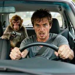 a man with a crazy look at the wheel of a car, a monkey holding a revolver in the back seat, a frightened man next to the driver, hd, ultra realistic, detailed, cinematic