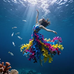 woman dancing underwater wearing a flowing dress made of blue, magenta, and yellow seaweed, colorful corals, swirling silver fish, unreal engine, caustics lighting from above, cinematic