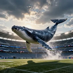 a humpback whale flying over the NFL Super Bowl Stadium cinematic lighting by Jessica Rossier