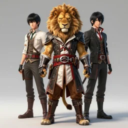beautiful portrait of an anthropomorphic lion fursona wearing assassin's creed garb, leather gloves, kneehigh boots, character design by charlie bowater, ross tran, artgerm, and makoto shinkai, detailed, soft lighting, rendered in octane,