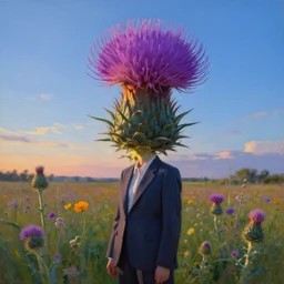 portrait, enormous thistle flower the head, a girl in a suit in field of flowers, surreal photography, sunrise, blue sky, dramatic light, impressionist painting, digital painting, artstation, simon stalenhag