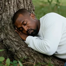 Kanye West sleeping under a tree