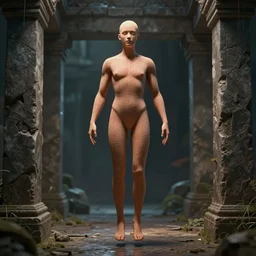 :  hyper-realistic human with maze pattern skin floating in front of portal trending on ArtStation, deviantart,