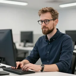 a finnish man working for a tech consultancy company, glasses, circle beard