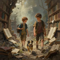a beautiful and highly detailed painting of a pair of young imaginative boys and their dog embarking on an adventure into the post apocalyptic wasteland of destroyed books and forgotten libraries | cgsociety, trending on artstation | octane, unreal engine :. 4 | fantasy art :. 3