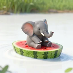 a small elephant sits in a boat made of watermelon and floats on a river of white white white white white milk