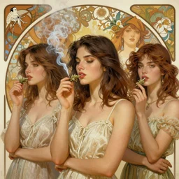 handsome young women with shoulder length brown hair, smoking weed, smoke, half body shot, path traced, highly detailed, high quality, digital painting, alena aenami, lilia alvarado, shinji aramaki, karol bak, alphonse mucha, tom bagshaw