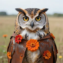 closeup portrait of an owl wearing a cloak made of rusted metal and zinnias, in an empty field, by Annie Leibovitz and Steve McCurry, natural light, detailed face, CANON Eos C300, ƒ1.8, 35mm, 8K, medium-format print
