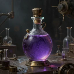a painting of a steampunk voilet shiny potion bottle in a dark dusty vintage science lab, by h. r. giger, hyperrealistic fantasy art, concept matte, ethereal, dreamy, digital art, trending on artstation, volumetric cinematic lighting