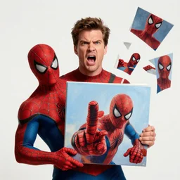 j jonah jameson holding pictures of spider - man, angry, screaming, pictures flying, painting by phil hale, fransico goya,'action lines '!!!, graphic style, visible brushstrokes, motion blur, blurry, visible paint texture, crisp hd image
