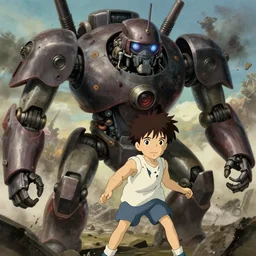 a film still animation frame of a boy controlling a giant dieselpunk robot, finely detailed features, cinematic composition, battle field, gapmoe yandere grimdark, trending on pixiv fanbox, painted by ilya kushinov makoto shinkai takashi takeuchi studio ghibli, ( ( reddit r / anime ) ), akihiko yoshida,