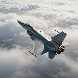 stylish shot cinematic of a fighter jet flying through clouds
