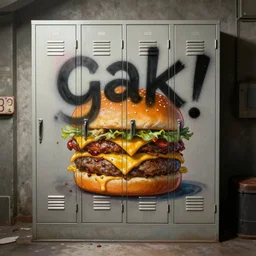 gak locker, a greasy cheeseburger locker with the word'gak '!! spray painted across the doors. 3 d rendering by beeple, wlop, painting by glenn fabry and richard corben, 8 k, hyperreal, basement